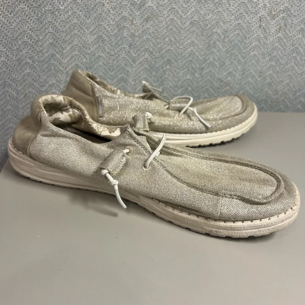 Hey Dude Wendy‎ Stretch Shoes Womens 9 Sparkling Beige Slip On Comfort Casual